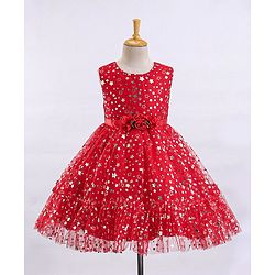 Babyhug Sleeveless Party Frock With Floral Corsage & Foil Stars Print- Red