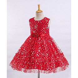 Babyhug Sleeveless Party Frock With Floral Corsage & Foil Stars Print- Red