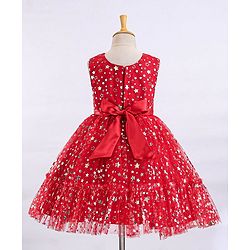 Babyhug Sleeveless Party Frock With Floral Corsage & Foil Stars Print- Red