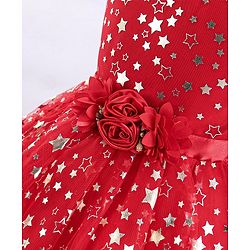 Babyhug Sleeveless Party Frock With Floral Corsage & Foil Stars Print- Red