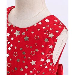 Babyhug Sleeveless Party Frock With Floral Corsage & Foil Stars Print- Red