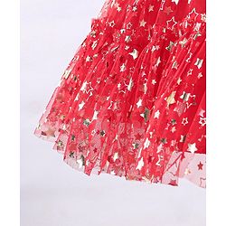 Babyhug Sleeveless Party Frock With Floral Corsage & Foil Stars Print- Red