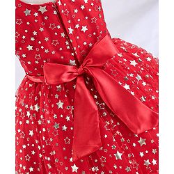 Babyhug Sleeveless Party Frock With Floral Corsage & Foil Stars Print- Red