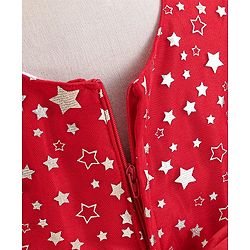 Babyhug Sleeveless Party Frock With Floral Corsage & Foil Stars Print- Red