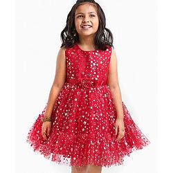 Babyhug Sleeveless Party Frock With Floral Corsage & Foil Stars Print- Red
