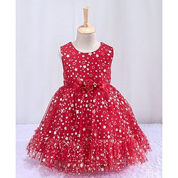 Babyhug Sleeveless Party Frock With Floral Corsage & Foil Stars Print- Red