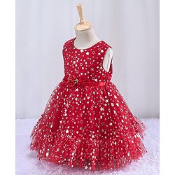 Babyhug Sleeveless Party Frock With Floral Corsage & Foil Stars Print- Red
