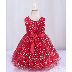 Babyhug Sleeveless Party Frock With Floral Corsage & Foil Stars Print- Red