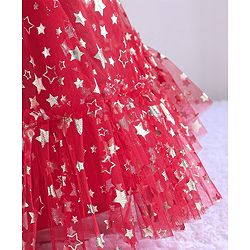 Babyhug Sleeveless Party Frock With Floral Corsage & Foil Stars Print- Red