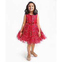 Babyhug Sleeveless Party Frock With Floral Corsage & Foil Stars Print- Red