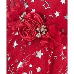 Babyhug Sleeveless Party Frock With Floral Corsage & Foil Stars Print- Red
