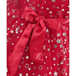 Babyhug Sleeveless Party Frock With Floral Corsage & Foil Stars Print- Red