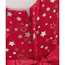 Babyhug Sleeveless Party Frock With Floral Corsage & Foil Stars Print- Red