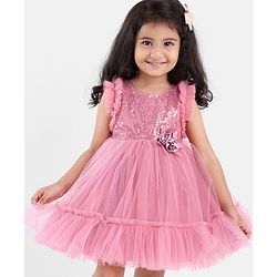 Babyhug Sleeveless Sequined Party Frock with 3D Floral Applique - Dusky Pink