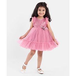 Babyhug Sleeveless Sequined Party Frock with 3D Floral Applique - Dusky Pink