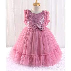 Babyhug Sleeveless Sequined Party Frock with 3D Floral Applique - Dusky Pink