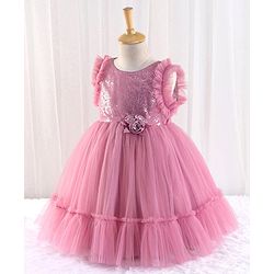 Babyhug Sleeveless Sequined Party Frock with 3D Floral Applique - Dusky Pink