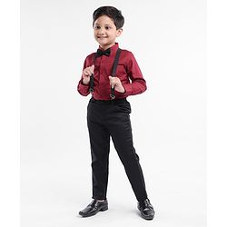 Babyhug Woven Full Sleeves Solid Party Shirt & Trouser Set with Bow & Suspenders - Maroon & Black