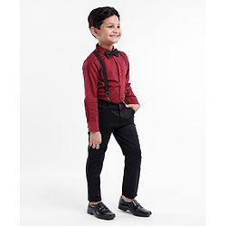 Babyhug Woven Full Sleeves Solid Party Shirt & Trouser Set with Bow & Suspenders - Maroon & Black