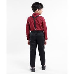 Babyhug Woven Full Sleeves Solid Party Shirt & Trouser Set with Bow & Suspenders - Maroon & Black