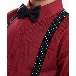 Babyhug Woven Full Sleeves Solid Party Shirt & Trouser Set with Bow & Suspenders - Maroon & Black