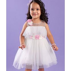 Babyhug Sleeveless Party Frock in Pleated Net with Floral Applique - White
