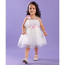 Babyhug Sleeveless Party Frock in Pleated Net with Floral Applique - White