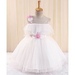 Babyhug Sleeveless Party Frock in Pleated Net with Floral Applique - White