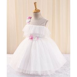 Babyhug Sleeveless Party Frock in Pleated Net with Floral Applique - White