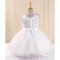 Babyhug Sleeveless Party Frock in Pleated Net with Floral Applique - White