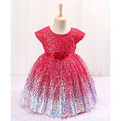 Babyhug Sleeveless Sequined Party Frock with Corsage - Red