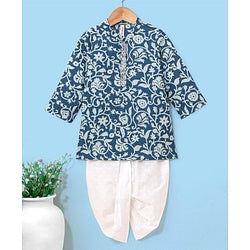 Babyhug 100% Cotton Full Sleeves Floral Printed Kurta & Dhoti - Navy Blue