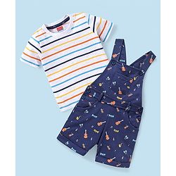 Babyhug Cotton Knit Guitar Printed Dungaree with Half Sleeves Striped T-Shirt Set - Blue & White