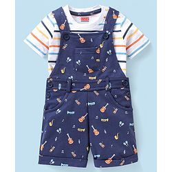 Babyhug Cotton Knit Guitar Printed Dungaree with Half Sleeves Striped T-Shirt Set - Blue & White