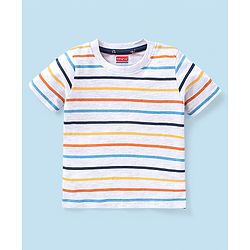 Babyhug Cotton Knit Guitar Printed Dungaree with Half Sleeves Striped T-Shirt Set - Blue & White