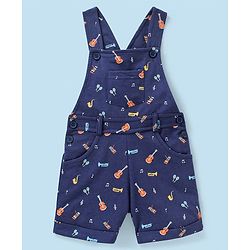 Babyhug Cotton Knit Guitar Printed Dungaree with Half Sleeves Striped T-Shirt Set - Blue & White