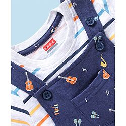 Babyhug Cotton Knit Guitar Printed Dungaree with Half Sleeves Striped T-Shirt Set - Blue & White
