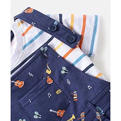 Babyhug Cotton Knit Guitar Printed Dungaree with Half Sleeves Striped T-Shirt Set - Blue & White