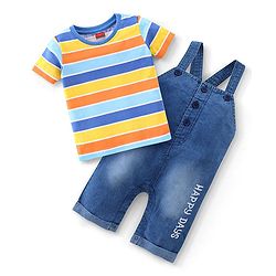 Babyhug Single Jersey Half Sleeves T-Shirt & Denim Dungaree With Text Embroidery - Blue & Orange