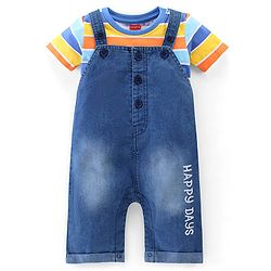 Babyhug Single Jersey Half Sleeves T-Shirt & Denim Dungaree With Text Embroidery - Blue & Orange