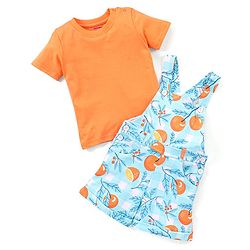 Babyhug 100% Cotton Knit Dungaree and Half Sleeves T-Shirt Set Solid Colour and Fruits Print - Orange & Blue