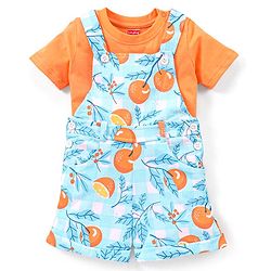 Babyhug 100% Cotton Knit Dungaree and Half Sleeves T-Shirt Set Solid Colour and Fruits Print - Orange & Blue