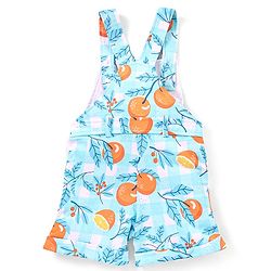 Babyhug 100% Cotton Knit Dungaree and Half Sleeves T-Shirt Set Solid Colour and Fruits Print - Orange & Blue