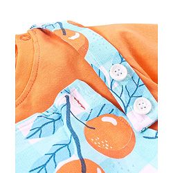 Babyhug 100% Cotton Knit Dungaree and Half Sleeves T-Shirt Set Solid Colour and Fruits Print - Orange & Blue