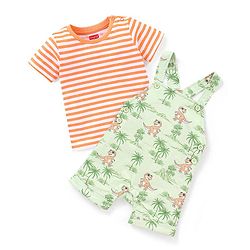 Babyhug Cotton Knit Dungaree and Half Sleeves T-Shirt Set Stripes & Dino Print - Orange & Light Green