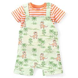 Babyhug Cotton Knit Dungaree and Half Sleeves T-Shirt Set Stripes & Dino Print - Orange & Light Green