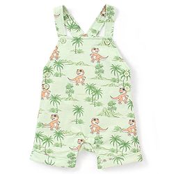 Babyhug Cotton Knit Dungaree and Half Sleeves T-Shirt Set Stripes & Dino Print - Orange & Light Green