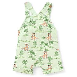 Babyhug Cotton Knit Dungaree and Half Sleeves T-Shirt Set Stripes & Dino Print - Orange & Light Green