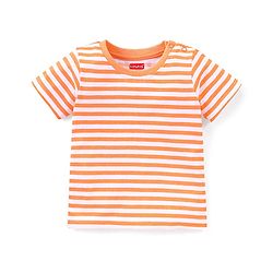Babyhug Cotton Knit Dungaree and Half Sleeves T-Shirt Set Stripes & Dino Print - Orange & Light Green