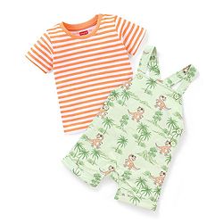Babyhug Cotton Knit Dungaree and Half Sleeves T-Shirt Set Stripes & Dino Print - Orange & Light Green